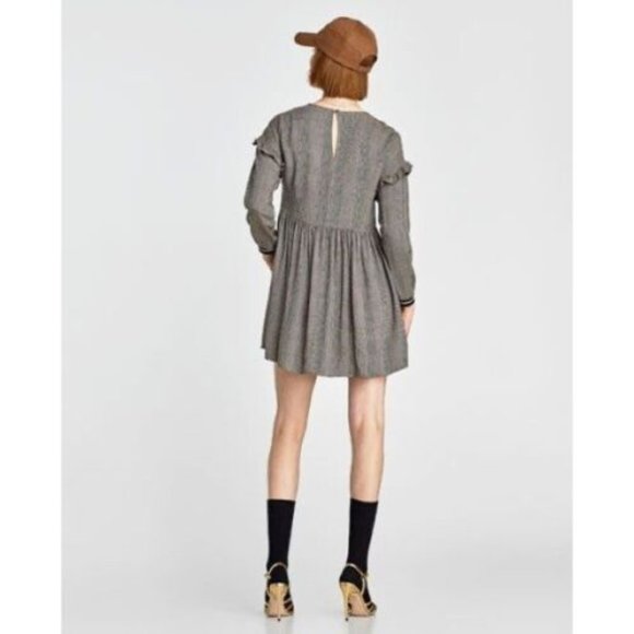 🖤ZARA🖤 Plaid Houndstooth Varsity 3/4 Sleeve Mini Babydoll Dress Flannel Ruffle - Picture 3 of 9